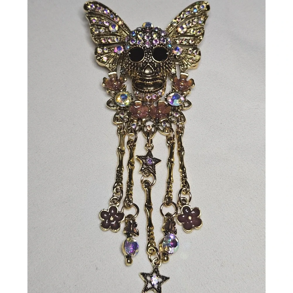 Skull Butterfly Brooch Womens Gold AB Rhinestone Gothic Dangle Pin